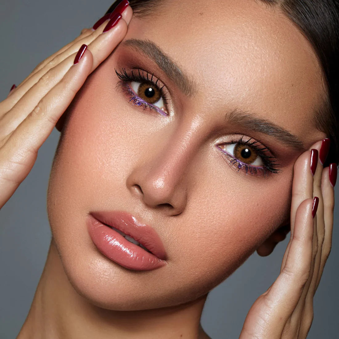 Stormy DYE Monthly Contact Lenses in Chocolate Brown, Model wearing Bella Stormy DYE Monthly Contact Lenses