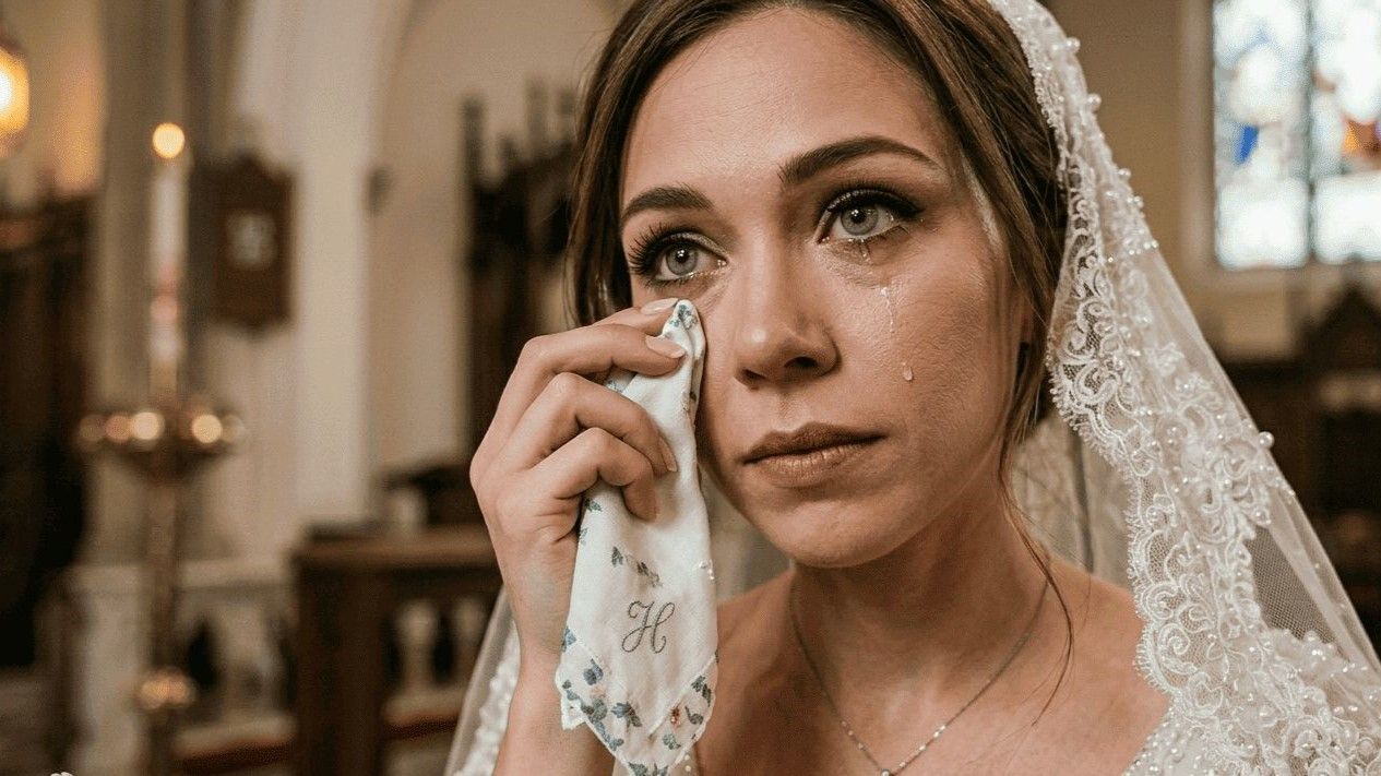 woman wearing contact lens cries in her wedding