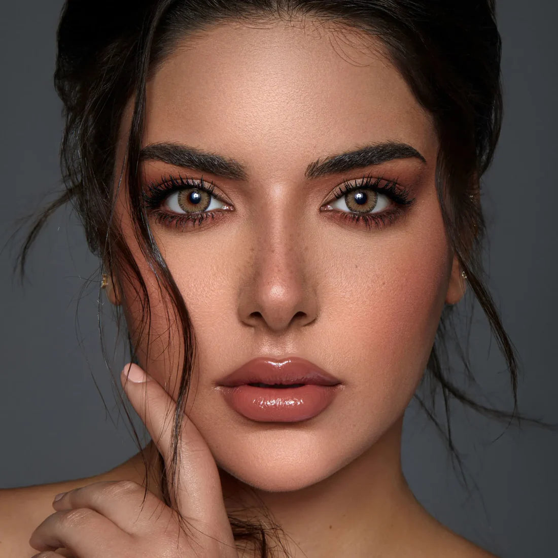 Nola DYE Monthly Contact Lenses in Light Hazel - 2 Lenses, Light Hazel color, Nola DYE Contact Lenses, Monthly Wear, Model wearing DYE Nola Contact Lenses