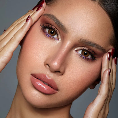 Stormy DYE Monthly Contact Lenses in Chocolate Brown, Model wearing Bella Stormy DYE Monthly Contact Lenses